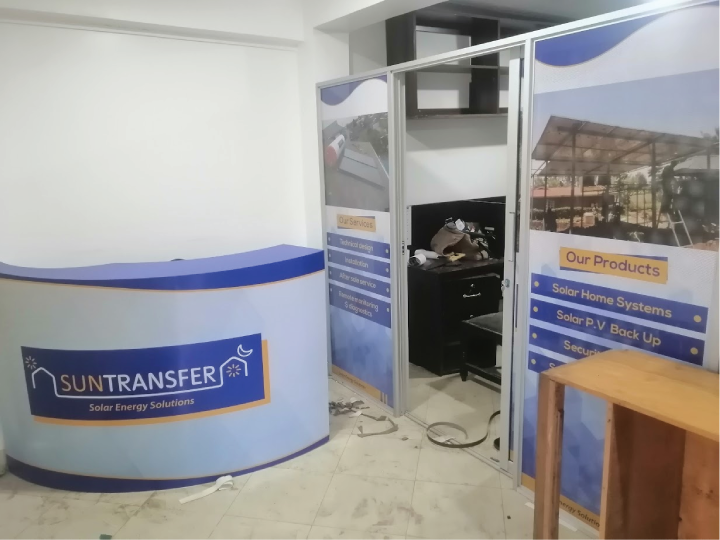 Office reception area design, custom desk fabrication and wall branding installation in Nairobi Kenya