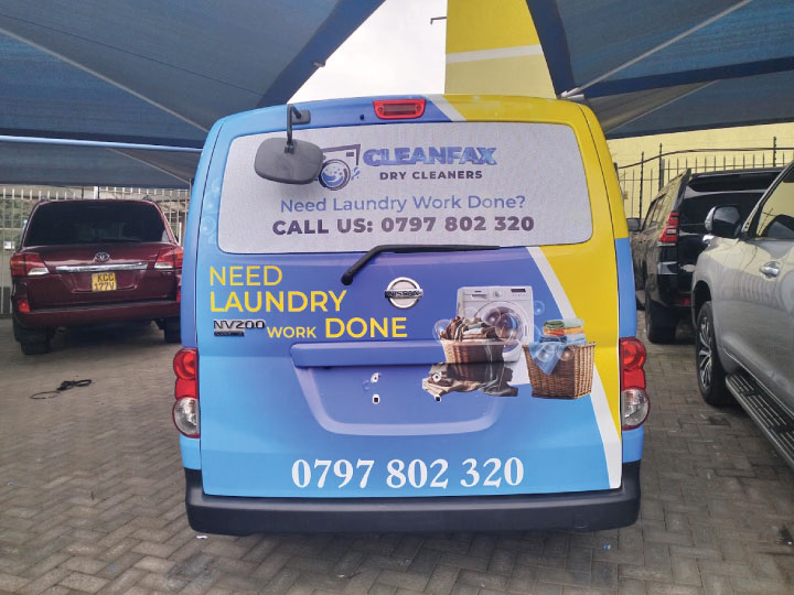 Cleanfax Laundry van with fresh and clean look after custom car branding Kenya design
