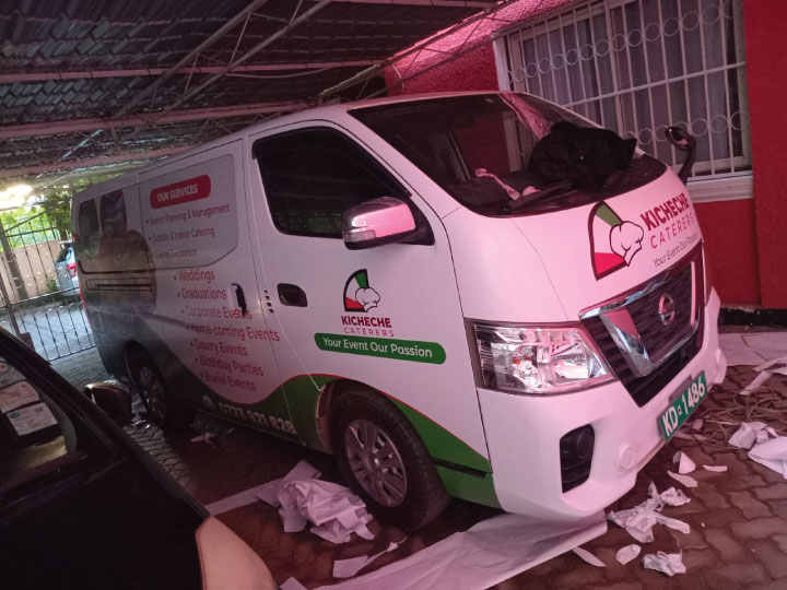 Kicheche Caterers Nissan NV350 van after vibrant redesign using modern car branding Kenya techniques