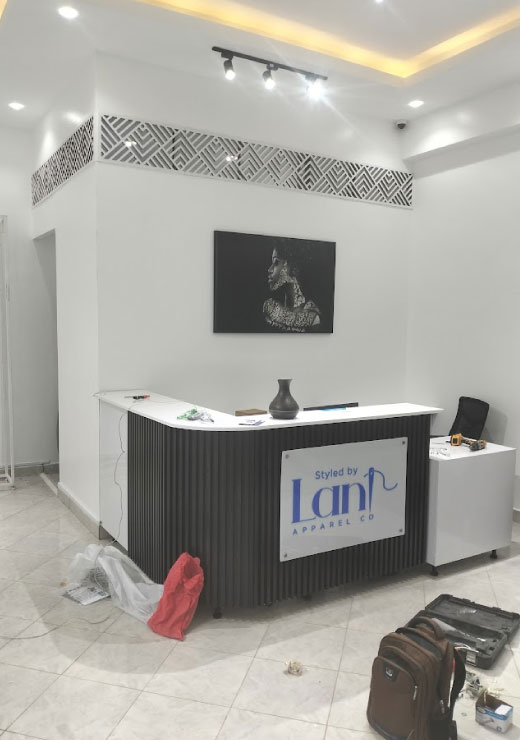 Office reception desk branding and interior fabrication in Nairobi Kenya