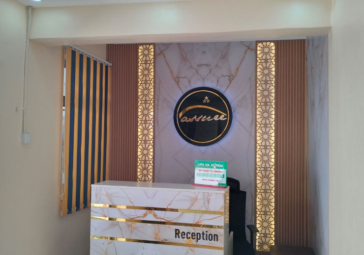 Modern office reception counter with branding, storage and clean finishing made in Nairobi Kenya