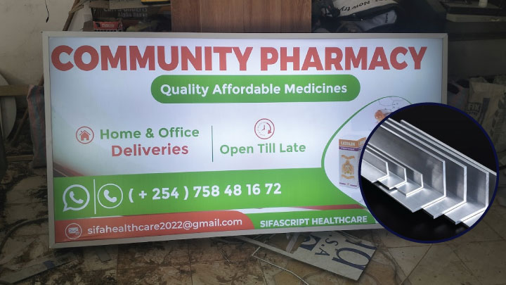 Aluminium angle line edge finishing on a framed banner sign in Nairobi, Kenya.