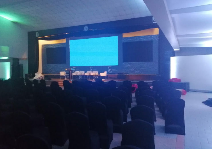 Conference event stage setup with LED screen and presentation area in Nairobi Kenya