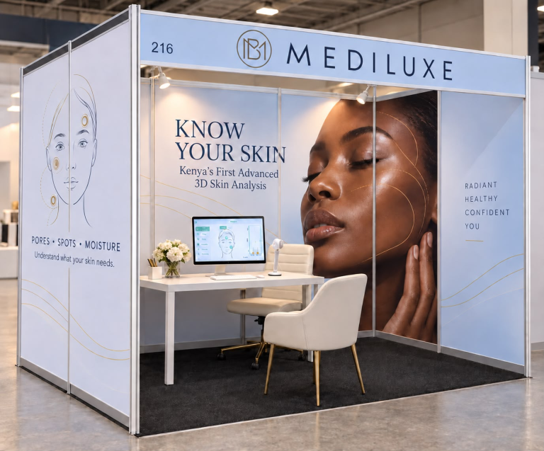 Mediluxe branded exhibition booth with skincare graphics, a white desk, chairs and spotlights.