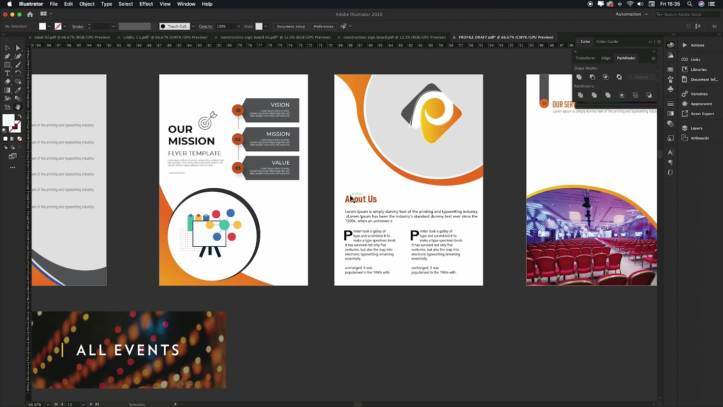 Company profile and brochure layouts being designed in Adobe Illustrator